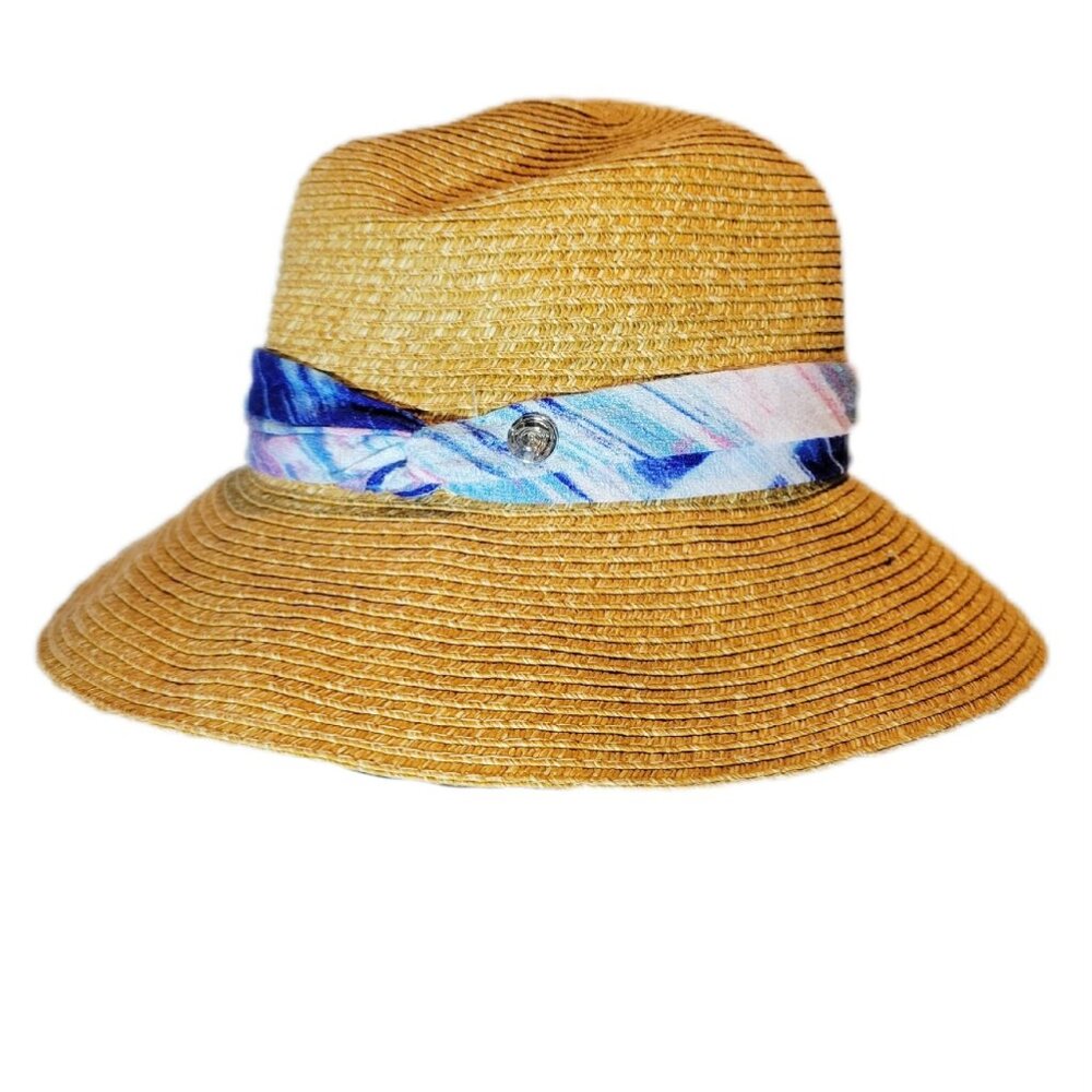 Summer Natural Raffia Straw Fedora Hat Beach Starry Night Watercolor Scarf Trim